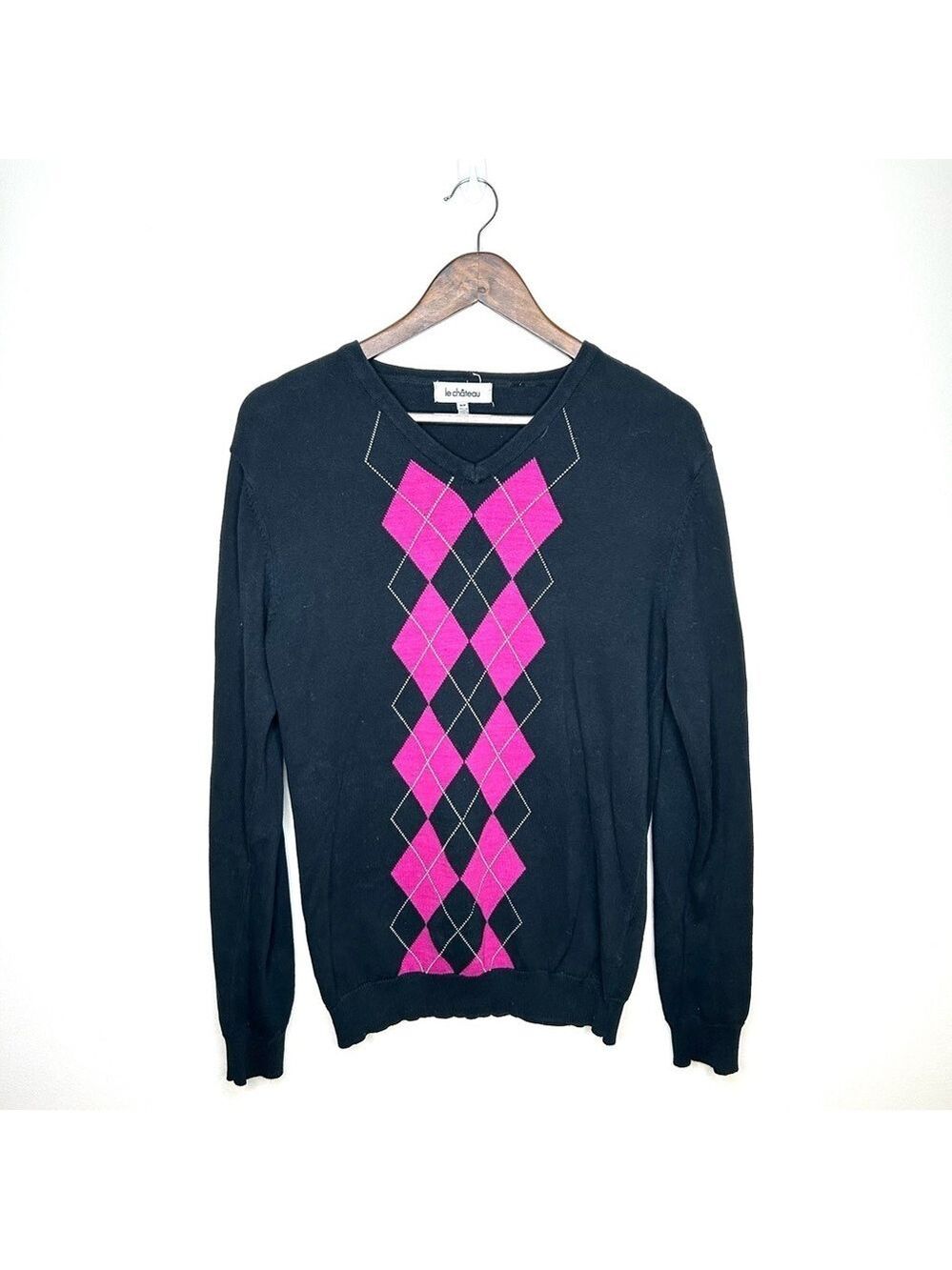Le Chateau V Neck Sweater Black Pink Argyle Cotton Small